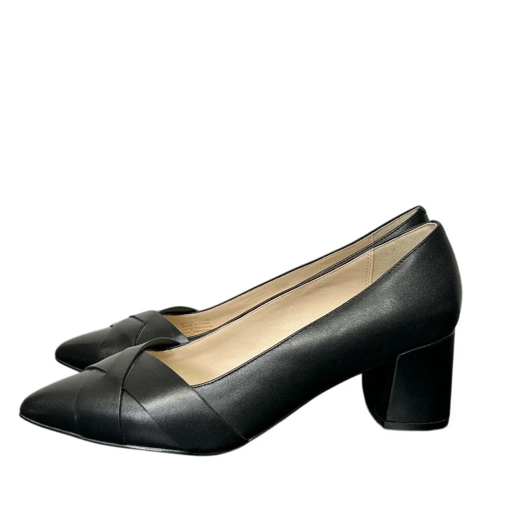 Cole Haan Black Leather Pump‎ Block Heels Pointed Toe Woven Detail Size 7B
